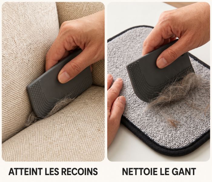 Raclette silicone PILPOIL : elle atteint les recoins du canapé et nettoie le gant