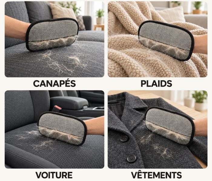 Gant anti-poils PILPOIL sur canapé, plaid, siège de voiture et manteau