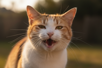Chat domestique qui miaule face à son humain pour communiquer