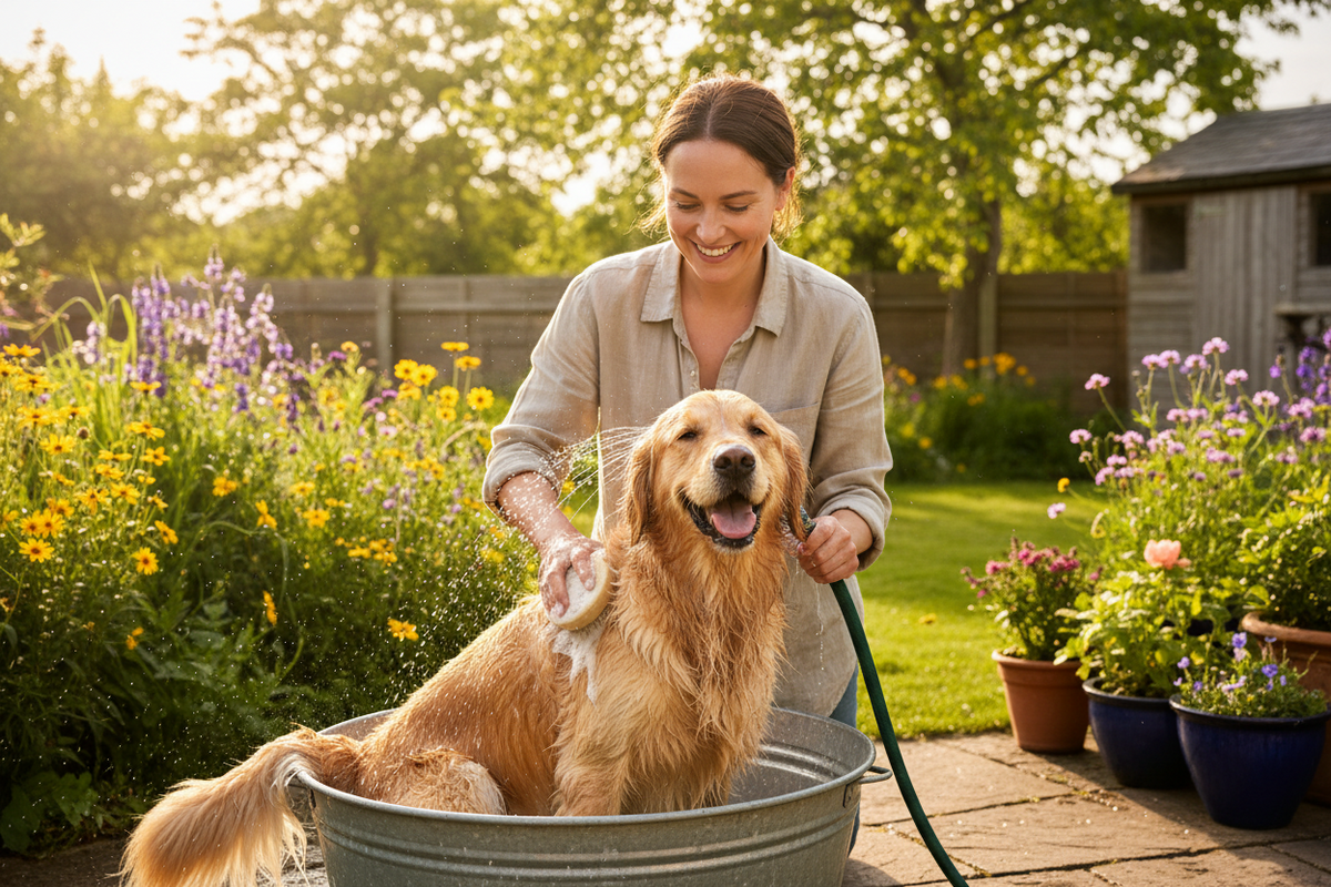 Chien lavé doucement pendant un bain, avec le pelage mouillé