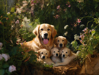 Famille de chiens avec plusieurs chiots réunis en extérieur