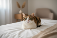 Chat adulte détendu sur un lit, sans accessoire, pour illustrer une routine de bain et d’hygiène sans stress