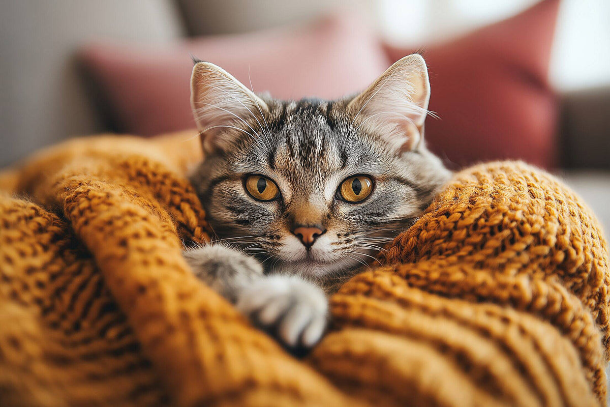 Chat gris et blanc installé sur un plaid orange dans un salon