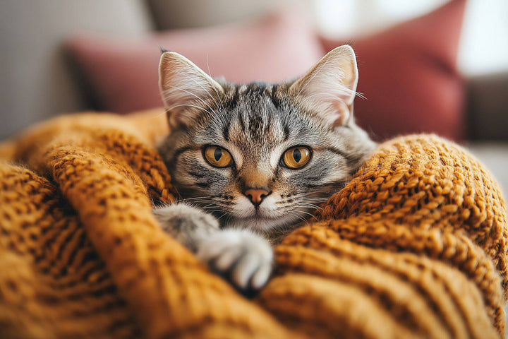 Chat gris et blanc installé sur un plaid orange dans un salon