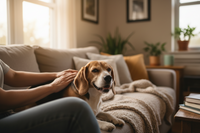 Beagle à poil court pendant une séance de toilettage à la maison