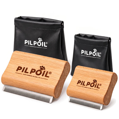 Brosses anti-poils Pilpoil tailles S et L en bois de hêtre avec leurs deux pochettes noires, pour chien et chat