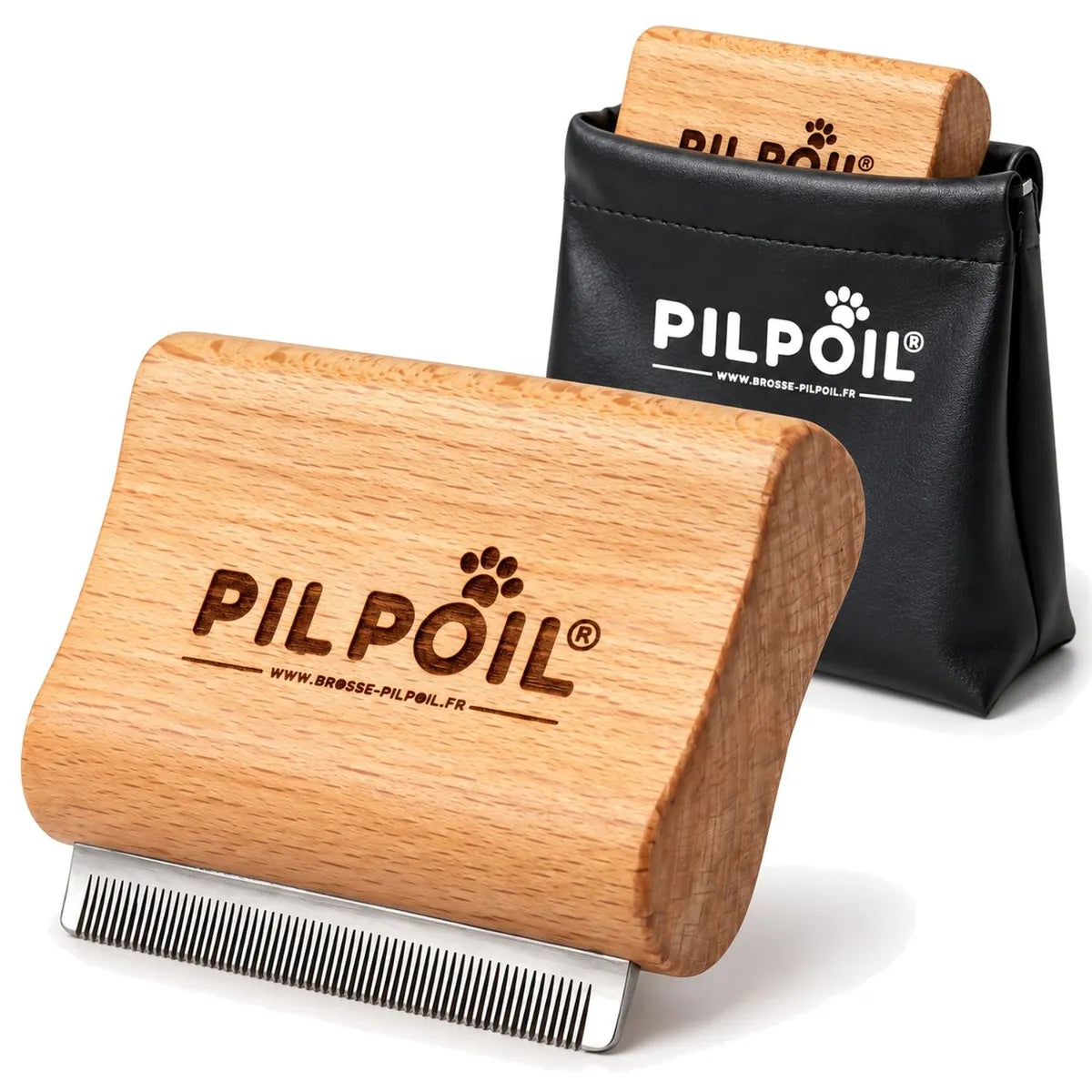 Brosse anti-poils Pilpoil en bois de hêtre avec sa pochette noire, pour chien et chat
