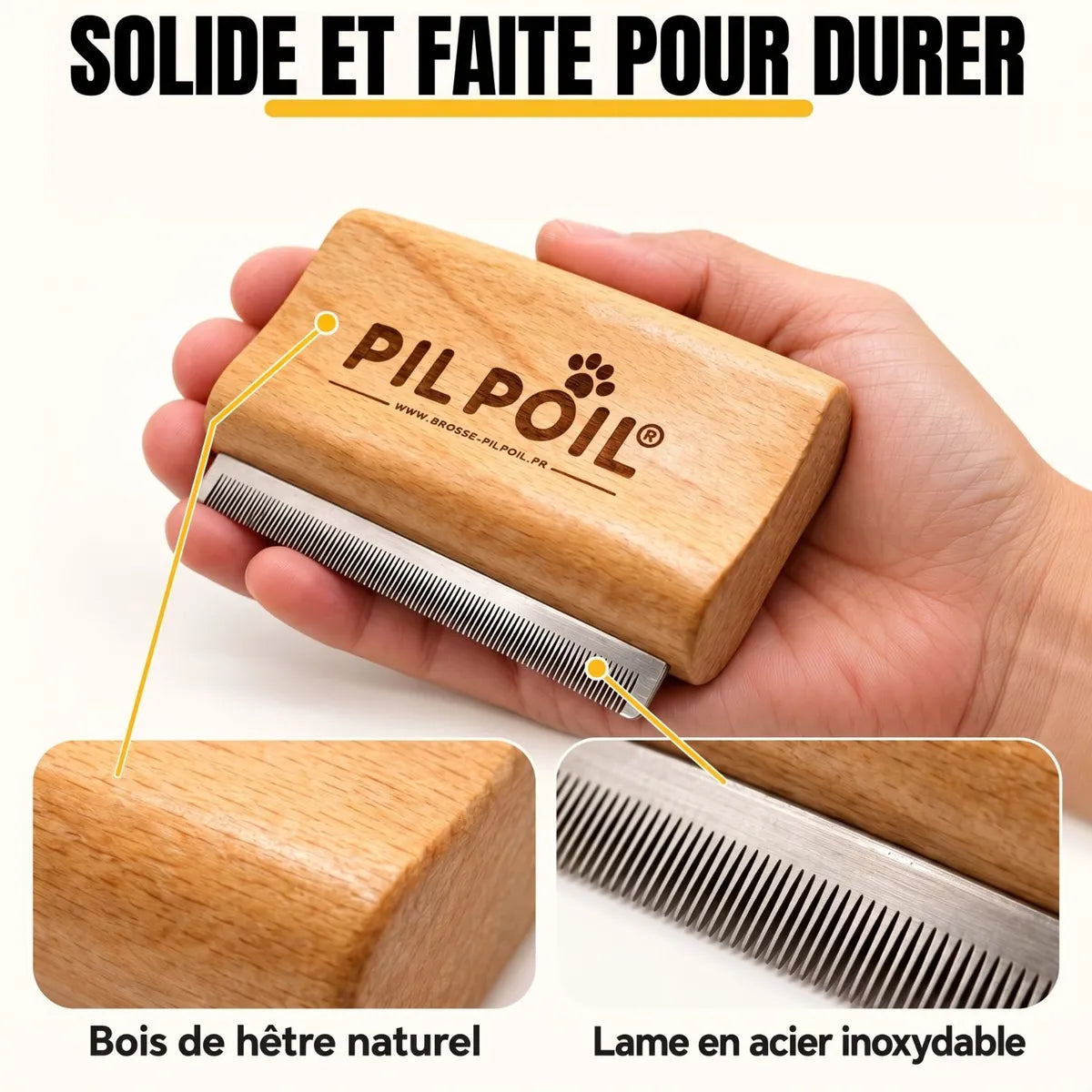 Détail du bois de hêtre naturel et de la lame en acier inoxydable de la brosse Pilpoil