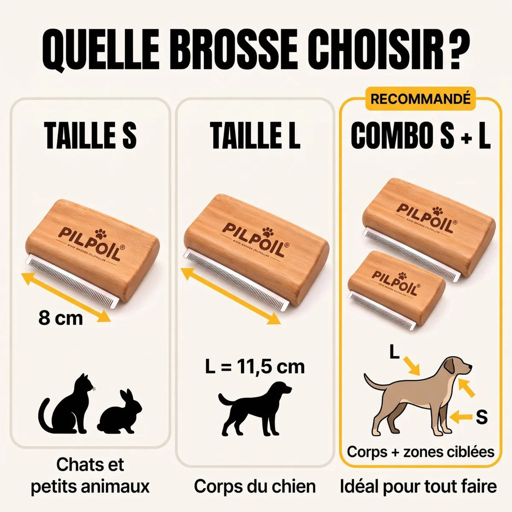 Comparatif des tailles S (8 cm) et L (11,5 cm) et du combo S + L de la brosse Pilpoil