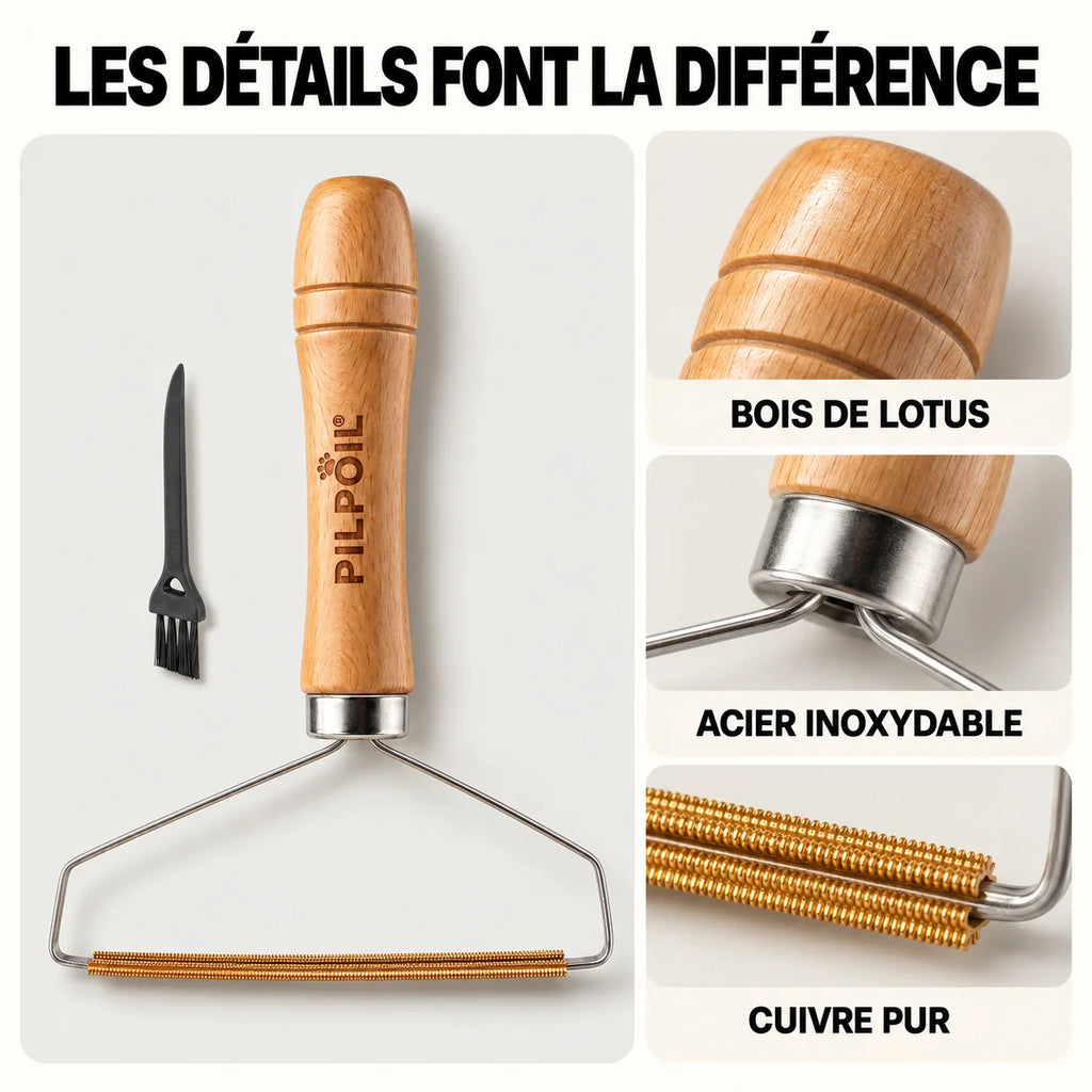 Brosse en T anti-poils PILPOIL® – Tapis, voiture et arbre à chat, manche en hêtre