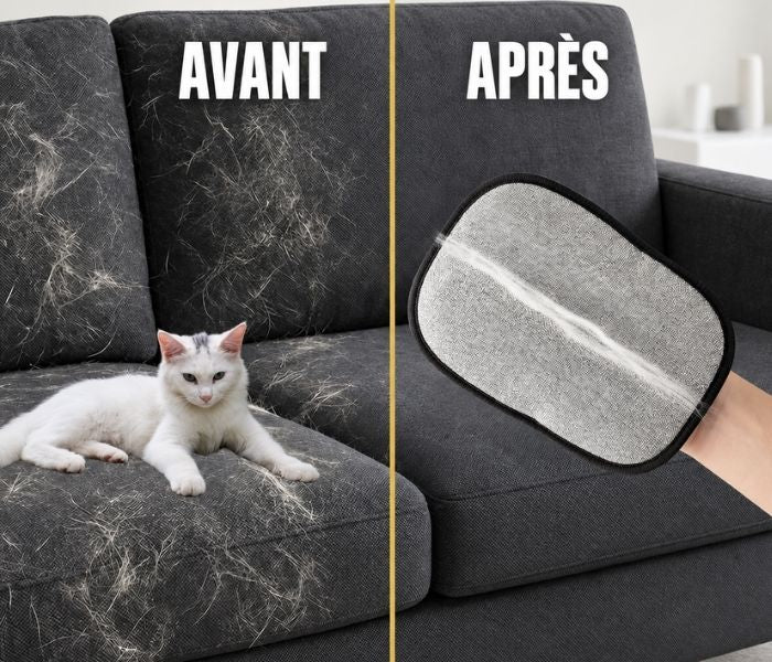 Canapé couvert de poils de chat avant, puis net après le gant anti-poils PILPOIL
