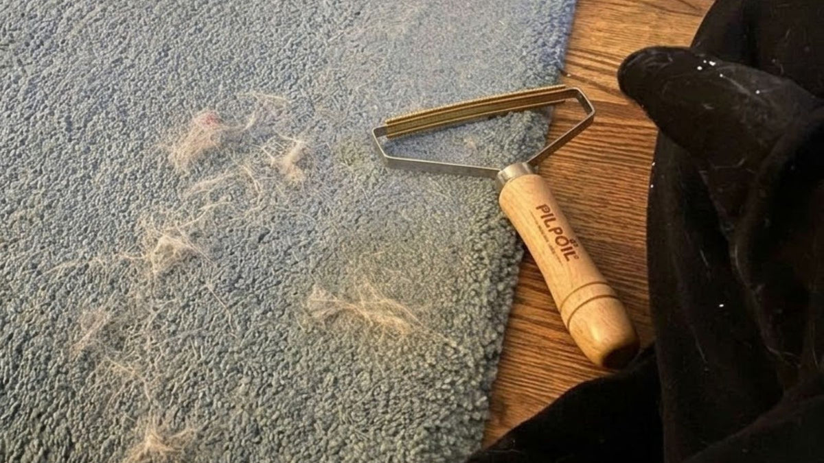 Tapis de voiture couvert de poils de chien avant le passage de la brosse tapis PILPOIL