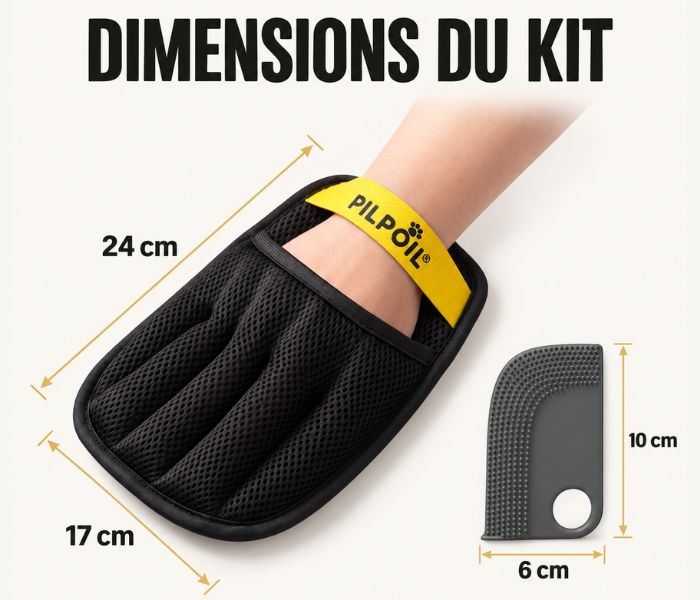 Dimensions du kit PILPOIL : gant 24 × 17 cm et raclette 10 × 6 cm