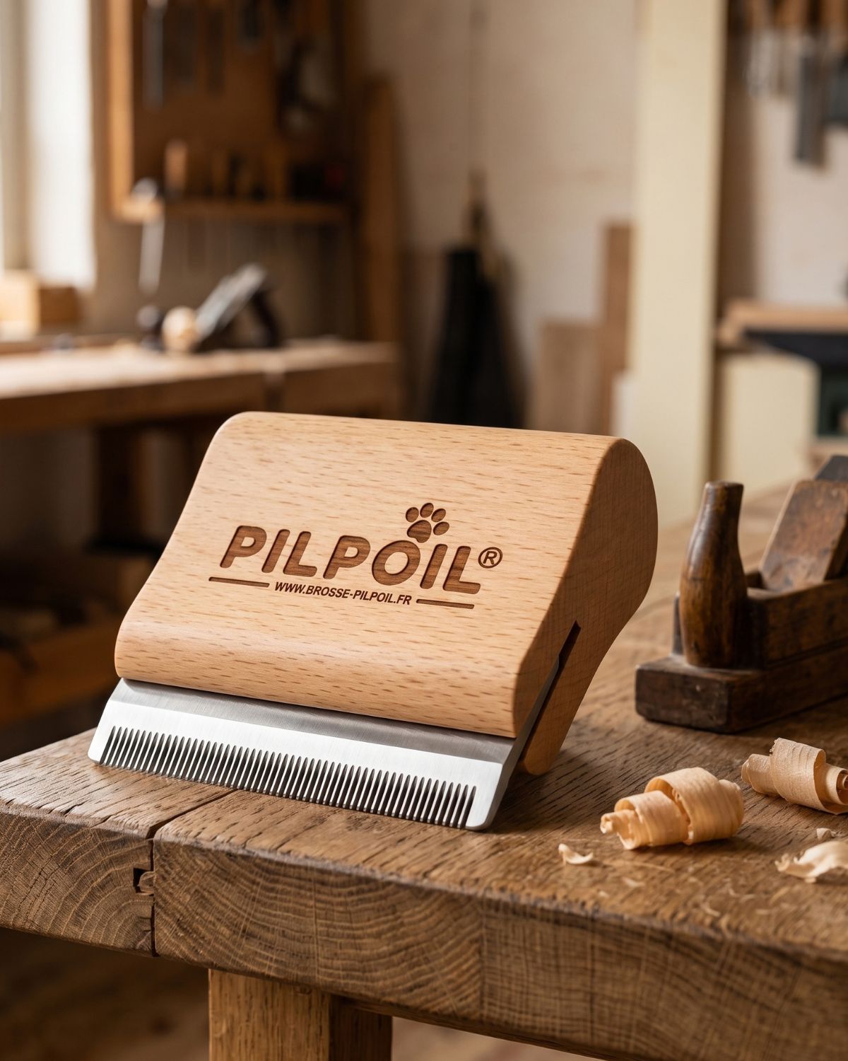 Brosse PILPOIL en bois de hêtre et dents en acier inoxydable, posée sur un établi d’atelier (visuel d’illustration)