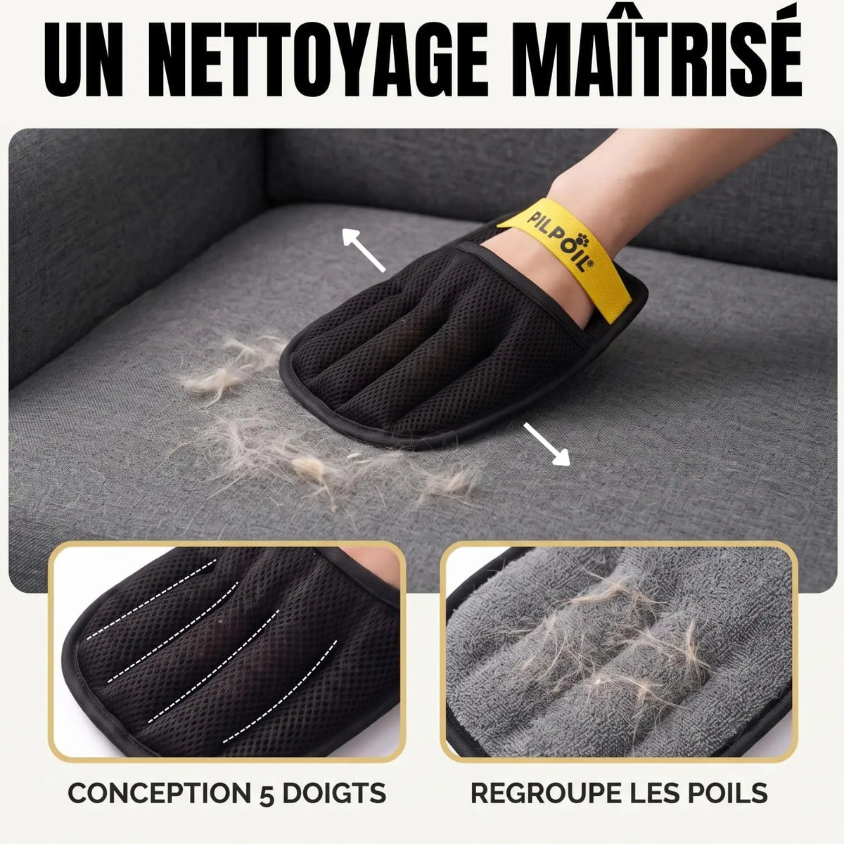 Gant anti-poils 5 doigts PILPOIL utilisé sur un canapé