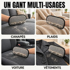Gant anti-poils PILPOIL utilisé sur canapé, plaid, siège de voiture et vêtement