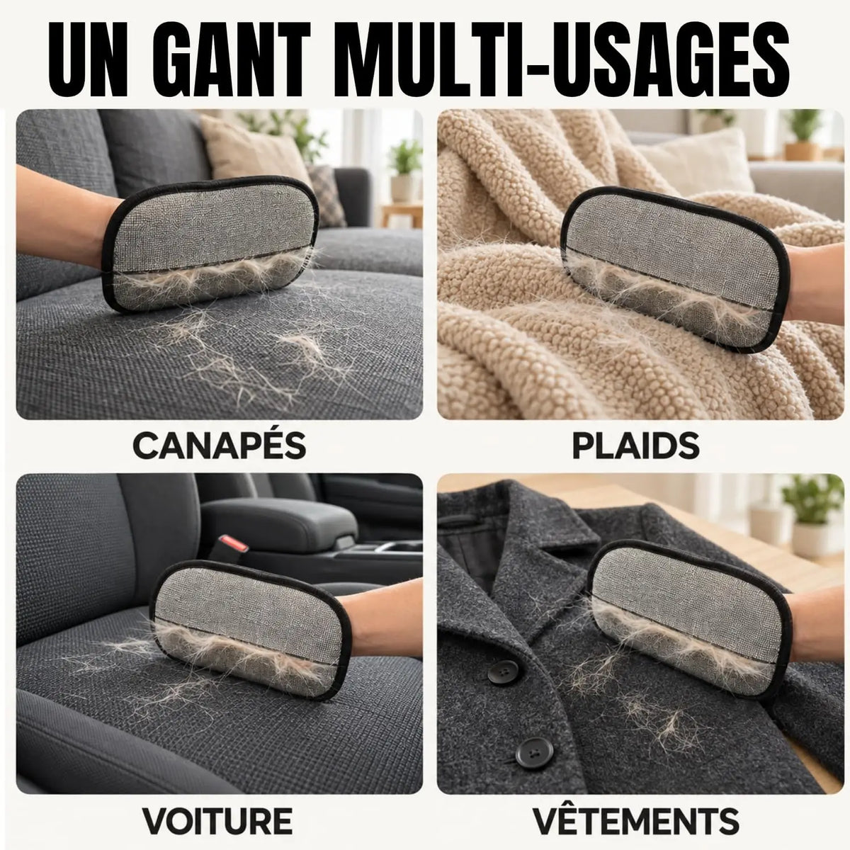 Gant anti-poils PILPOIL utilisé sur canapé, plaid, siège de voiture et vêtement