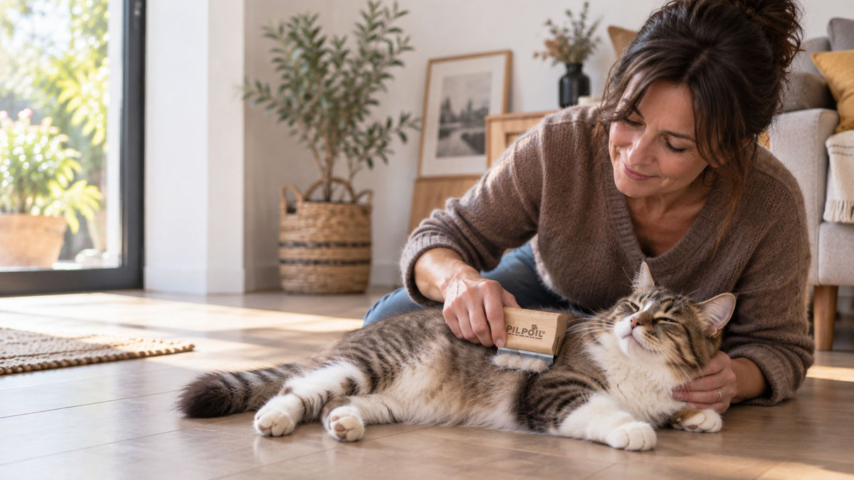 Femme brossant son chat avec la brosse anti-poils PILPOIL dans son salon