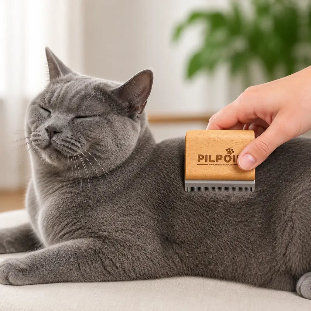 Chat allongé brossé avec la Brosse PILPOIL pour retirer le sous-poil